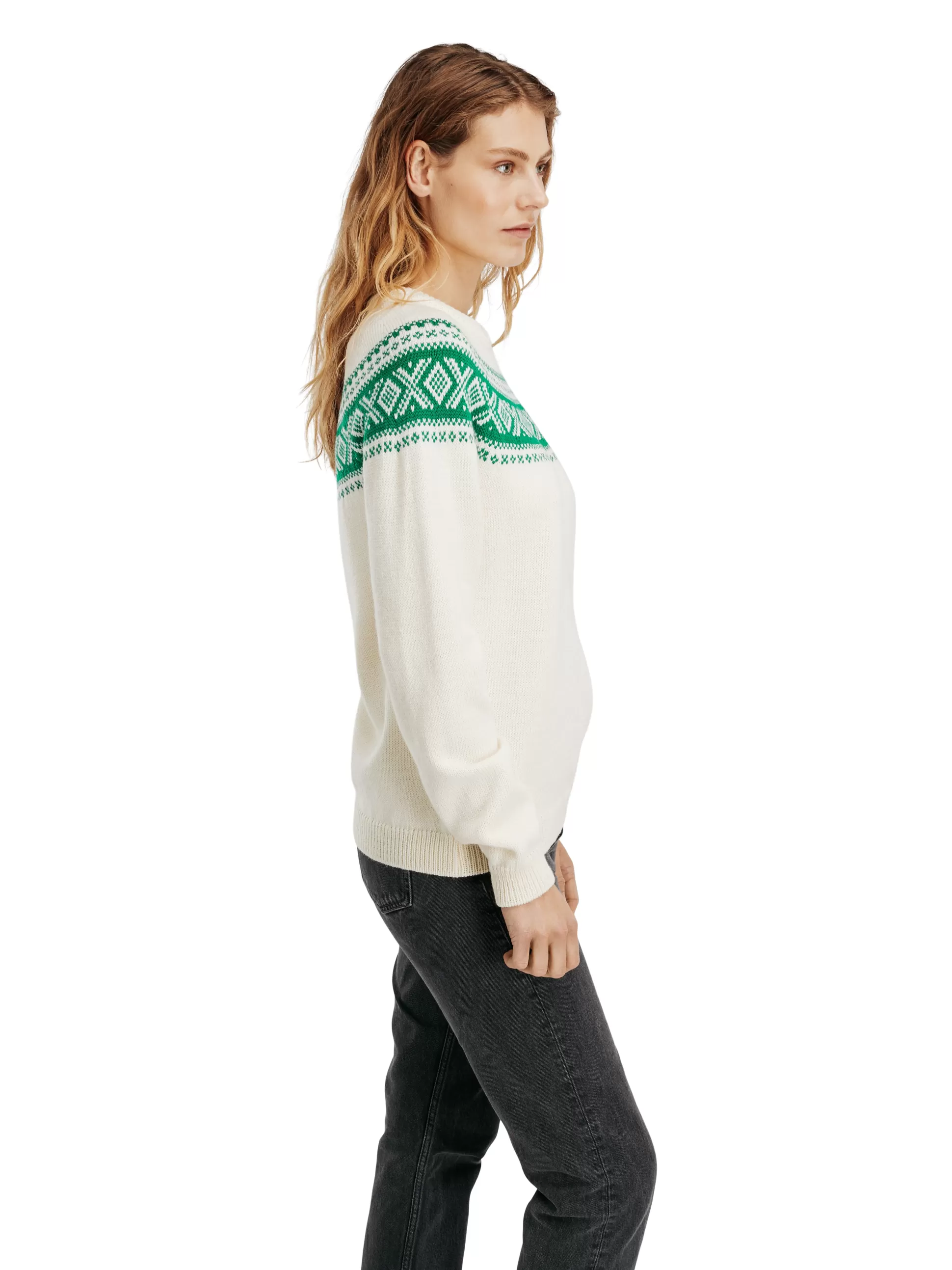 vagsoy_womens_wool_sweater_2.webp Dale of Norway Vagsoy Women's Wool Sweater Offwhite Brightgreen New
